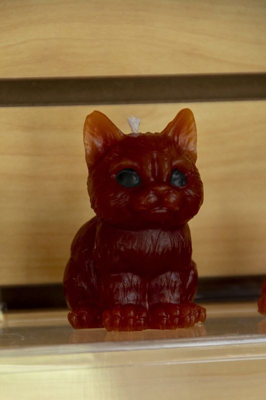 A deep red cat candle on a display shelf